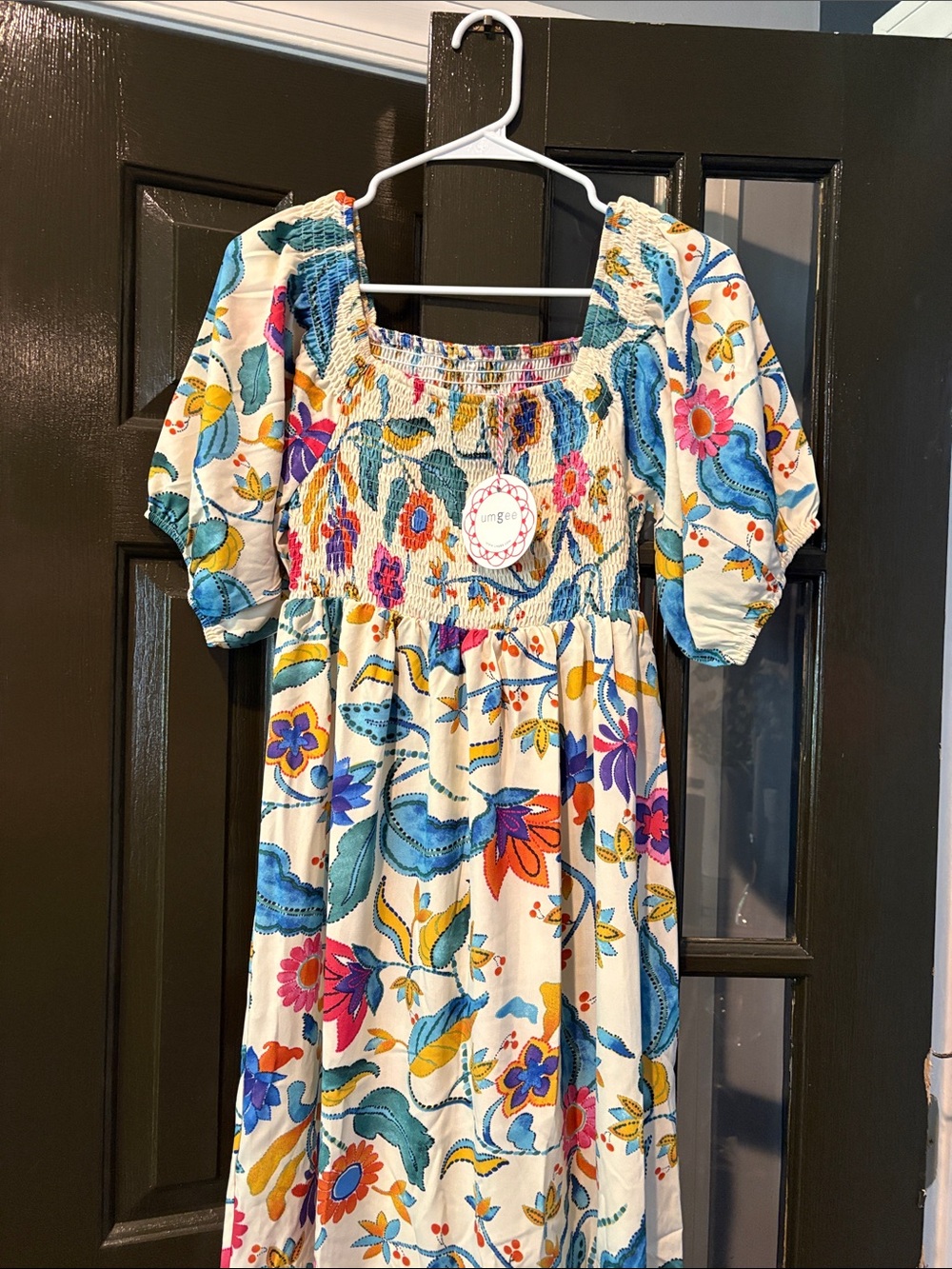 Umgee Cream Floral Smocked Midi Dress with Blue, Pink & Yellow Accents
